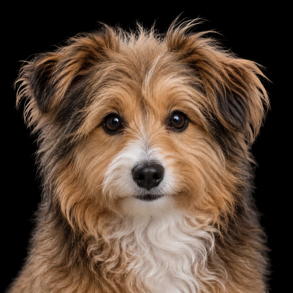 A headshot photo of a Sheltipoo, a mix of a Shetland Sheepdog and the Miniature or Toy Poodle