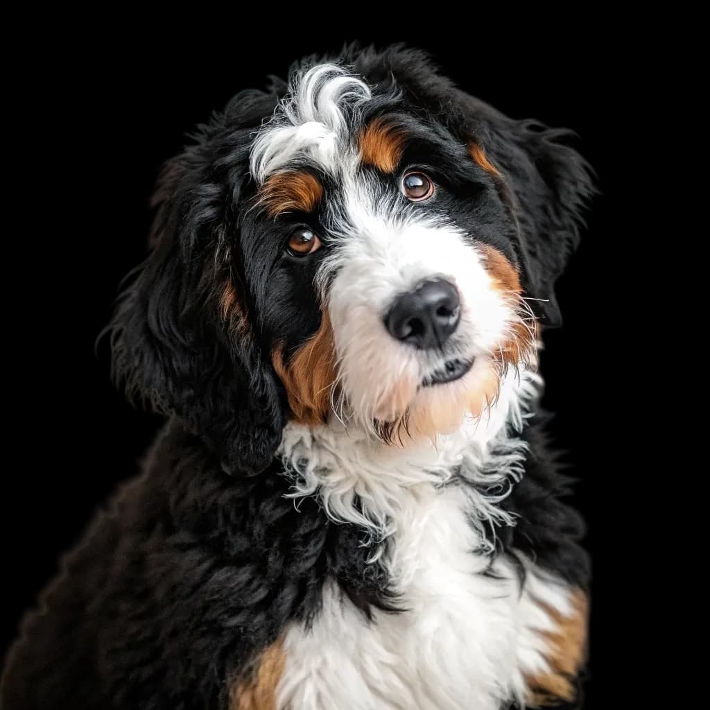 A headshot photo of a miniature bernedoodle with a mixed color coat