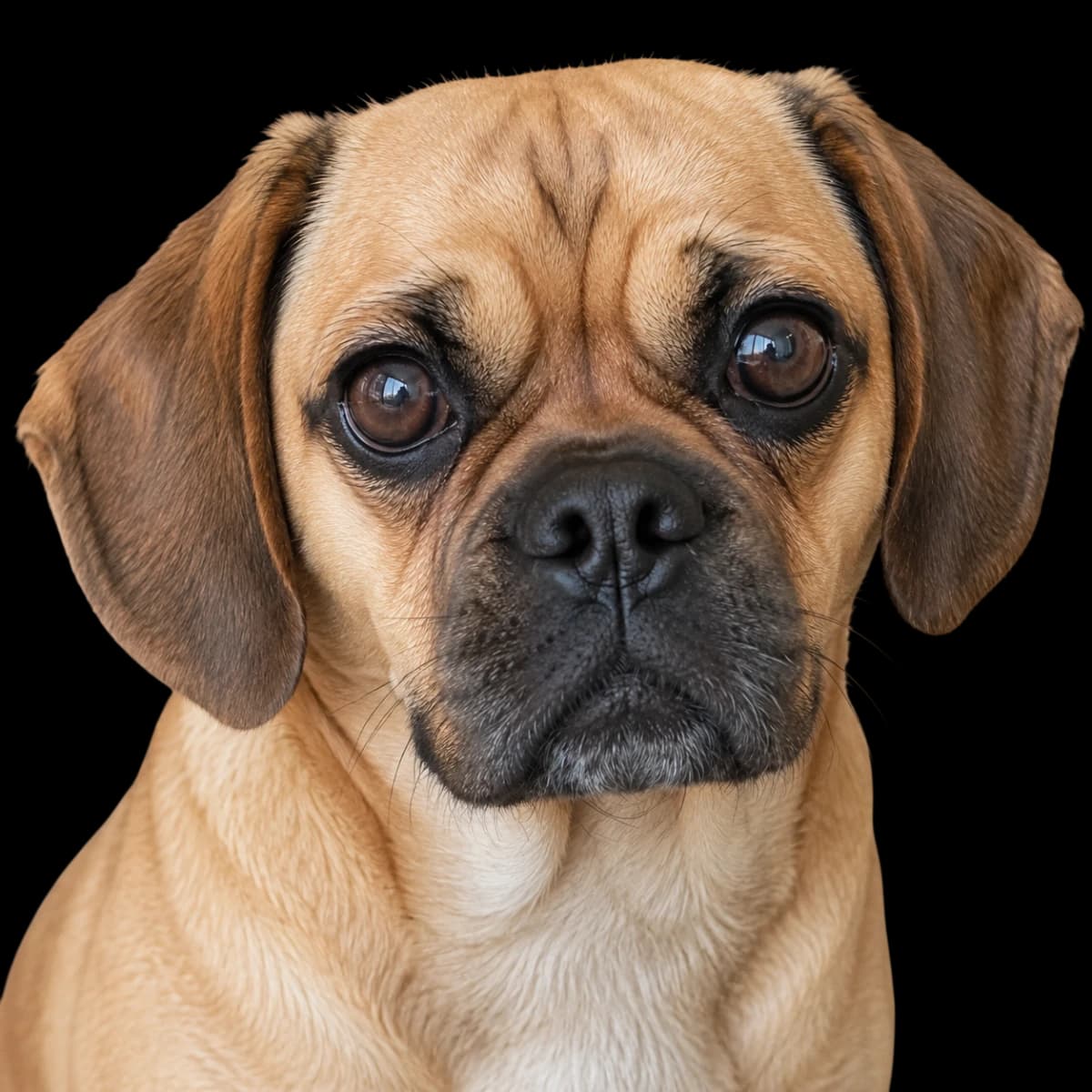 headshot photo of a Puggle which is a cross of a pug and a beagle