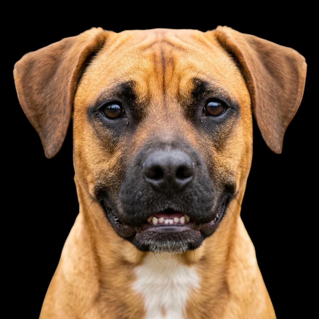 A headshot photo of a Boxador mix dog (a hybrid cross between a Boxer and a Labrador Retriever)