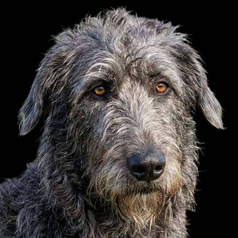 A headshot photo of a wolfadoodle dog