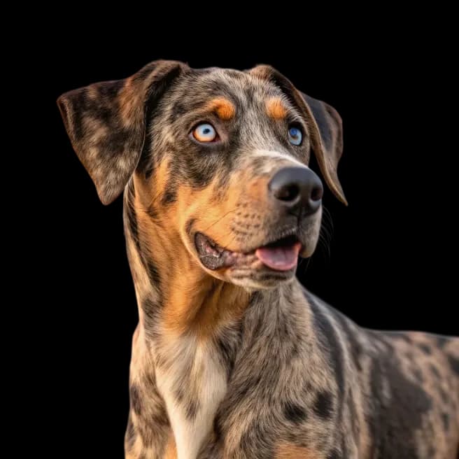 A headshot of a Catahoula Leopard Dog