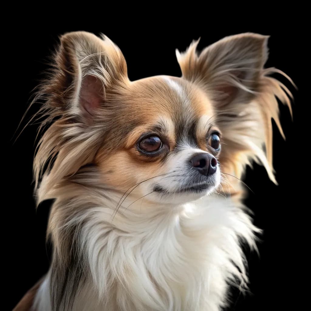 A headshot photo of an adorable long-haired chihuahua dog
