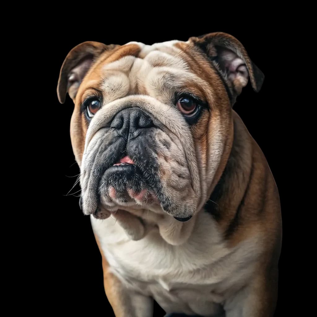 A headshot of an English bulldog