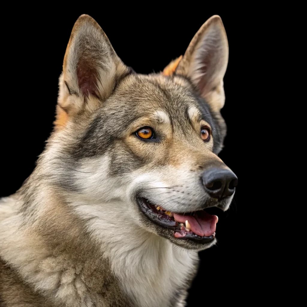 A headshot photo of a Tamaskan Dog