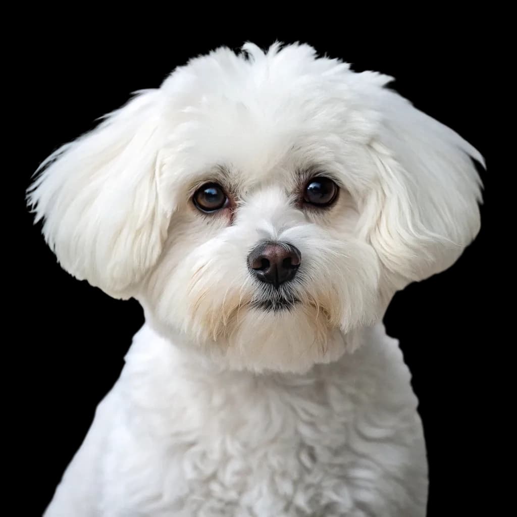 A headshot of a Maltichon dog, a mix of Maltese and Bichon Frise