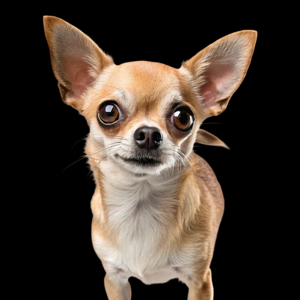 A photo of an Apple Headed Chihuahua dog with tan and white fur