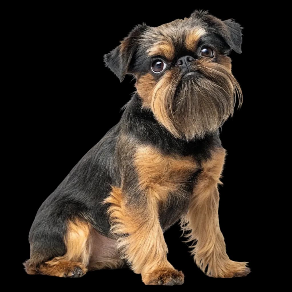 A photo of a cute Brussels Griffon dog with black and brown fur