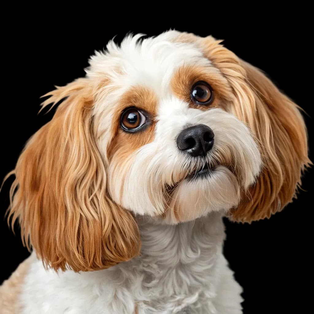 A headshot photo of a Cavachon dog, mix of a Cavalier King Charles and Bichon Frise
